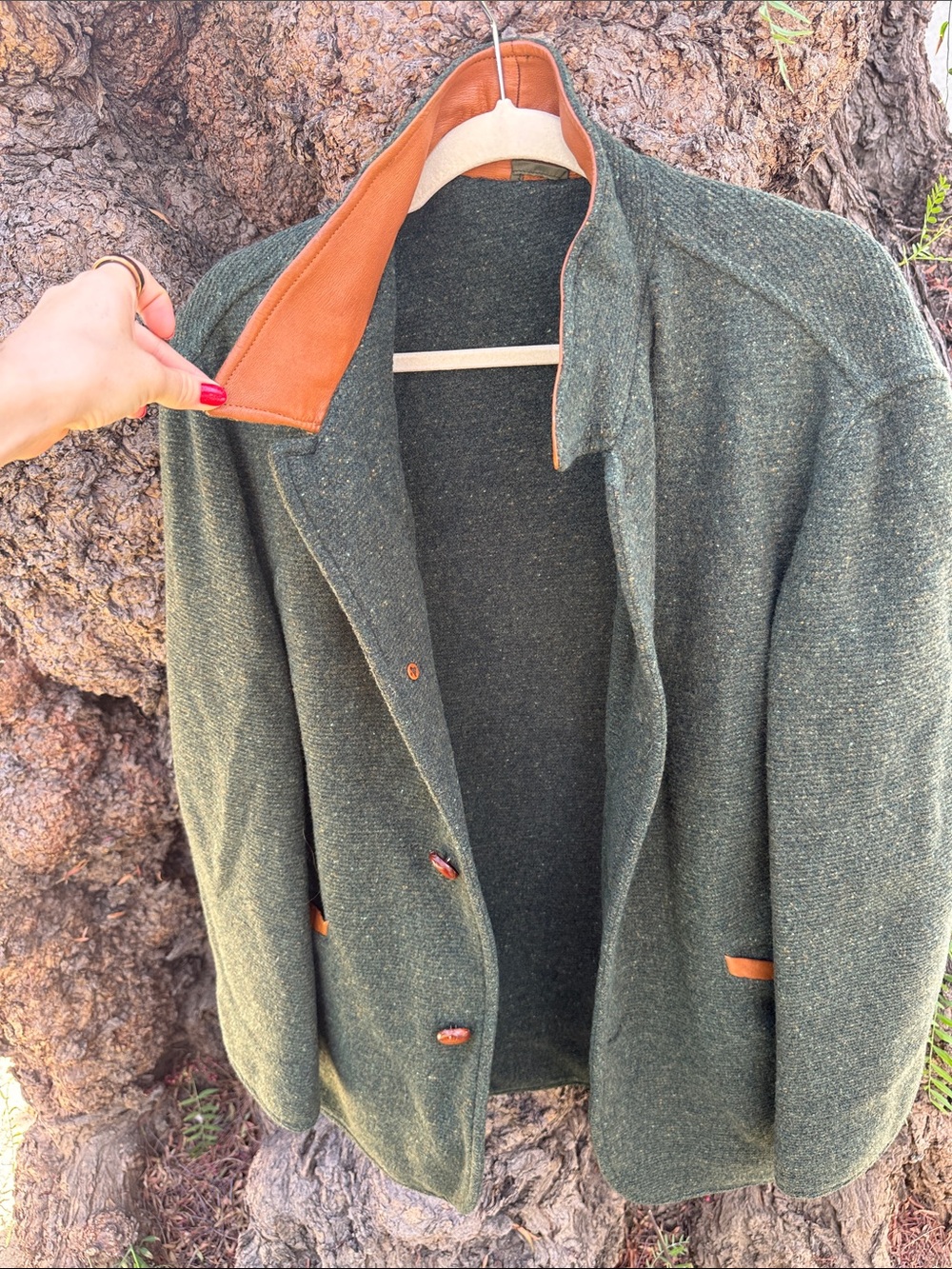 Men's Green Tweed Jacket with Brown Trim